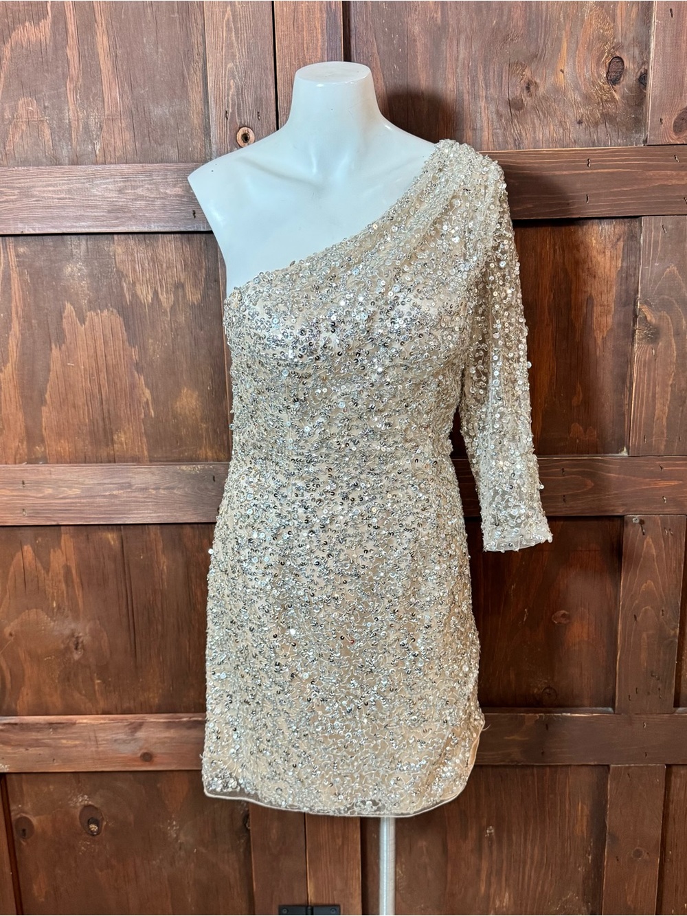 Sherri Hill Champagne Beaded One-Shoulder Mini Dress